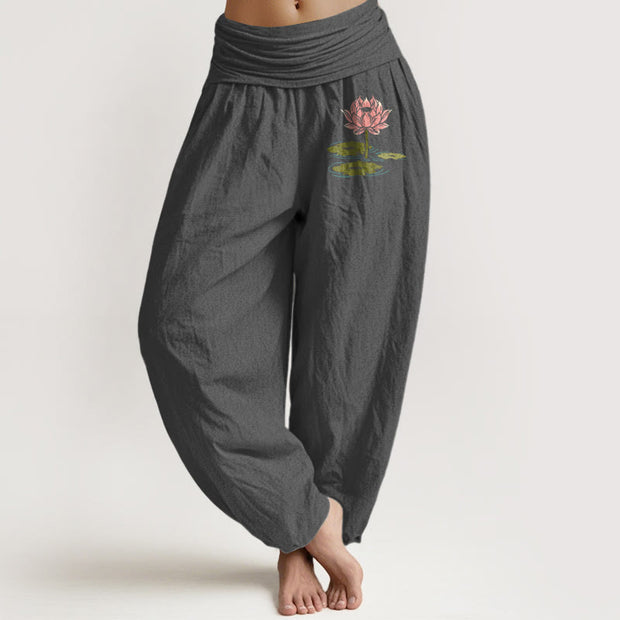 Buddha Stones Pure Cotton  Lotus Flower Leaves Pattern Women's Elastic Waist Harem Pants - DimGray - US16，UK/AU20，EU48 (3XL) - image 8