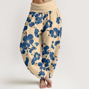 Buddha Stones Pure Cotton Blooming Floral Flowers Women's Elastic Waist Harem Pants - SteelBlue - US16，UK/AU20，EU48 (3XL) - image 0