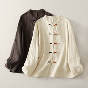 Buddha Stones Plain Chinese Frog-Button Long Sleeve Women's Cotton Linen Zen Clothing Shirt - SaddleBrown - US8-10，UK/AU12-14，EU40-42 (2XL) - image 0