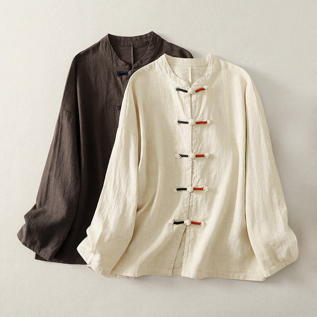 Buddha Stones Plain Chinese Frog-Button Long Sleeve Women's Cotton Linen Zen Clothing Shirt - SaddleBrown - US8-10，UK/AU12-14，EU40-42 (2XL) - image 0
