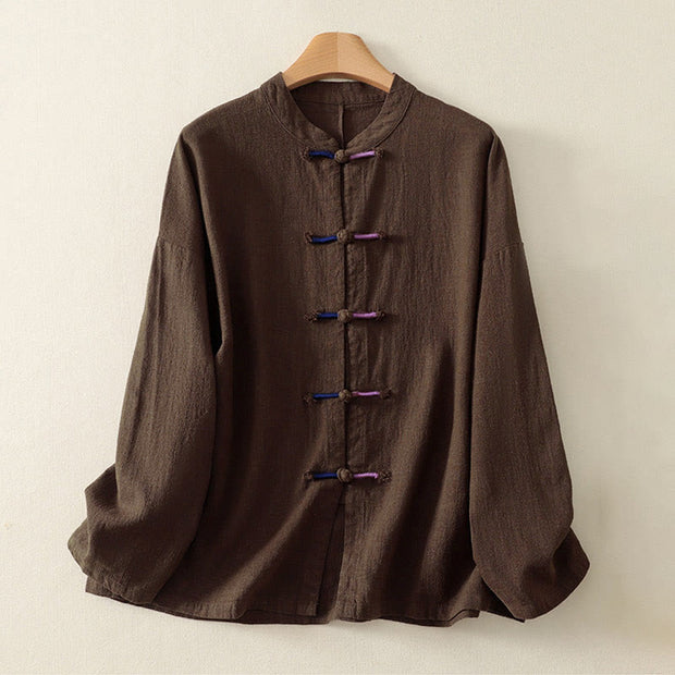 Buddha Stones Plain Chinese Frog-Button Long Sleeve Women's Cotton Linen Zen Clothing Shirt - image 1