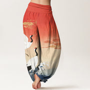 Buddha Stones Pure Cotton Cranes Auspicious Clouds Ocean women's Elastic Waist Harem Pants - image 2