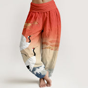 Buddha Stones Pure Cotton Cranes Auspicious Clouds Ocean women's Elastic Waist Harem Pants - Tomato - US16，UK/AU20，EU48 (3XL) - image 0