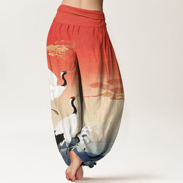 Buddha Stones Pure Cotton Cranes Auspicious Clouds Ocean women's Elastic Waist Harem Pants - image 2