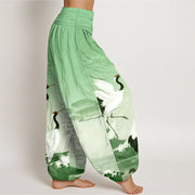 Buddha Stones Pure Cotton Cranes Auspicious Clouds Ocean women's Elastic Waist Harem Pants - image 7
