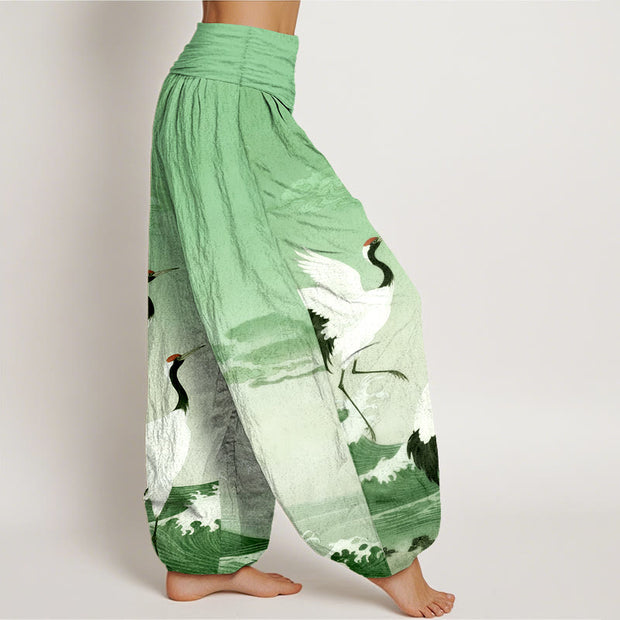 Buddha Stones Pure Cotton Cranes Auspicious Clouds Ocean women's Elastic Waist Harem Pants - image 7