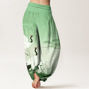 Buddha Stones Pure Cotton Cranes Auspicious Clouds Ocean women's Elastic Waist Harem Pants - image 6