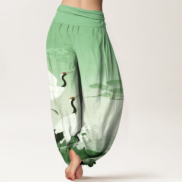 Buddha Stones Pure Cotton Cranes Auspicious Clouds Ocean women's Elastic Waist Harem Pants - image 6