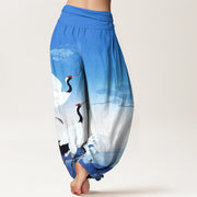 Buddha Stones Pure Cotton Cranes Auspicious Clouds Ocean women's Elastic Waist Harem Pants - image 9