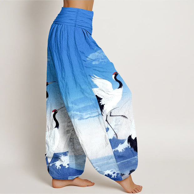 Buddha Stones Pure Cotton Cranes Auspicious Clouds Ocean women's Elastic Waist Harem Pants - image 10