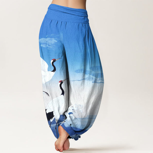 Buddha Stones Pure Cotton Cranes Auspicious Clouds Ocean women's Elastic Waist Harem Pants - image 9