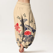 Buddha Stones Pure Cotton Koi Fish Lotus Flowers Ocean Women's Elastic Waist Harem Pants - image 1