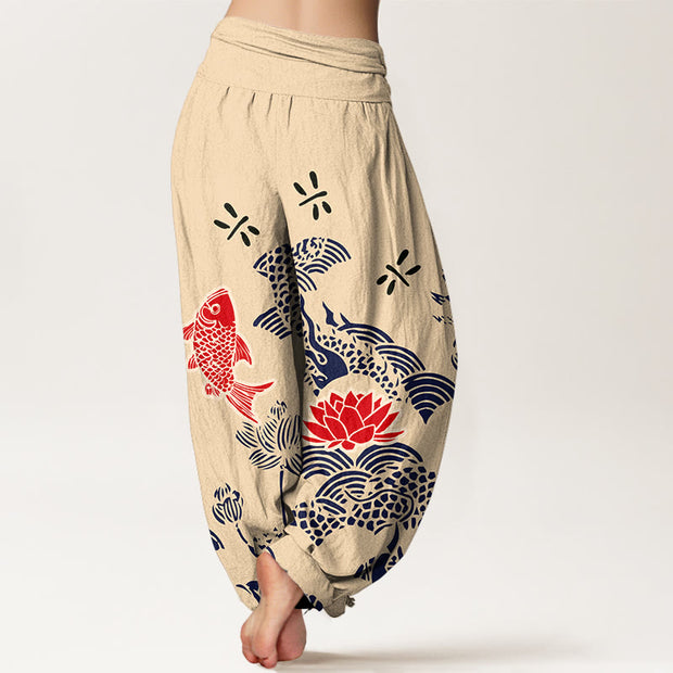 Buddha Stones Pure Cotton Koi Fish Lotus Flowers Ocean Women's Elastic Waist Harem Pants - image 1