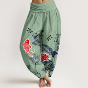 Buddha Stones Pure Cotton Koi Fish Lotus Flowers Ocean Women's Elastic Waist Harem Pants - MediumAquamarine - US16，UK/AU20，EU48 (3XL) - image 5
