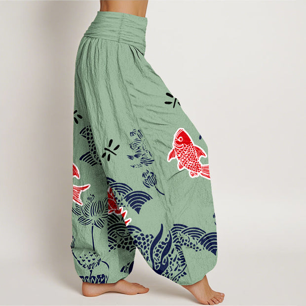 Buddha Stones Pure Cotton Koi Fish Lotus Flowers Ocean Women's Elastic Waist Harem Pants - image 7
