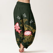 Buddha Stones Pure Cotton Koi Fish Lotus Flowers Ocean Women's Elastic Waist Harem Pants - image 9