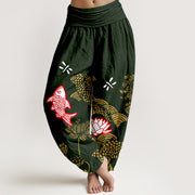 Buddha Stones Pure Cotton Koi Fish Lotus Flowers Ocean Women's Elastic Waist Harem Pants - Black - US16，UK/AU20，EU48 (3XL) - image 8