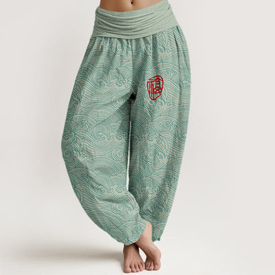 Buddha Stones Pure Cotton Fu Character Ocean Waves Women's Elastic Waist Harem Pants - Aquamarine - US16，UK/AU20，EU48 (3XL) - image 0