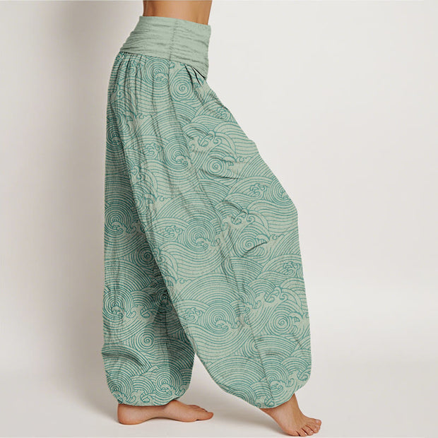 Buddha Stones Pure Cotton Fu Character Ocean Waves Women's Elastic Waist Harem Pants - image 2