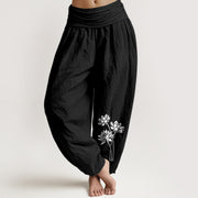 Buddha Stones Casual Three Lotus Flowers Pattern Women's Elastic Waist Harem Cotton Pants - Black - US16，UK/AU20，EU48 (3XL) - image 11
