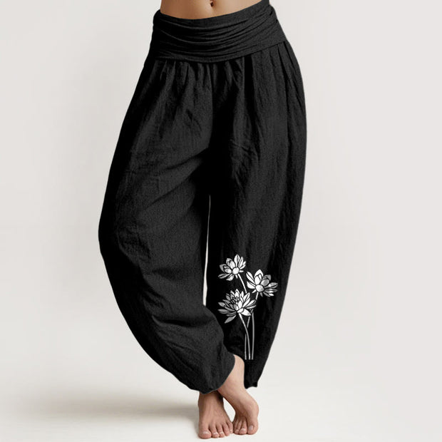 Buddha Stones Casual Three Lotus Flowers Pattern Women's Elastic Waist Harem Cotton Pants - Black - US16，UK/AU20，EU48 (3XL) - image 11