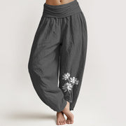 Buddha Stones Casual Three Lotus Flowers Pattern Women's Elastic Waist Harem Cotton Pants - DimGray - US16，UK/AU20，EU48 (3XL) - image 0