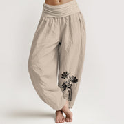 Buddha Stones Casual Three Lotus Flowers Pattern Women's Elastic Waist Harem Cotton Pants - Tan - US16，UK/AU20，EU48 (3XL) - image 5