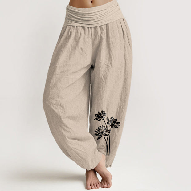 Buddha Stones Casual Three Lotus Flowers Pattern Women's Elastic Waist Harem Cotton Pants - Tan - US16，UK/AU20，EU48 (3XL) - image 5