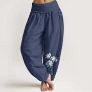 Buddha Stones Casual Three Lotus Flowers Pattern Women's Elastic Waist Harem Cotton Pants - DarkSlateBlue - US16，UK/AU20，EU48 (3XL) - image 14