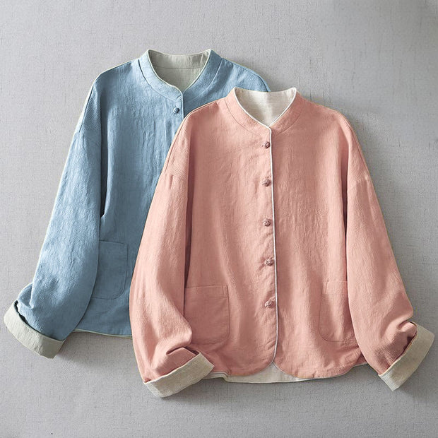 Buddha Stones Women's Plain Jacquard Stand Collar Long Sleeve Cotton Linen Jacket With Pockets - image 9