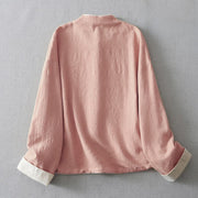 Buddha Stones Women's Plain Jacquard Stand Collar Long Sleeve Cotton Linen Jacket With Pockets - image 6