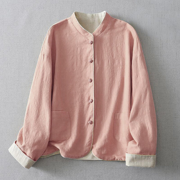 Buddha Stones Women's Plain Jacquard Stand Collar Long Sleeve Cotton Linen Jacket With Pockets - LightPink - US8-10，UK/AU12-14，EU40-42 (2XL) - image 5