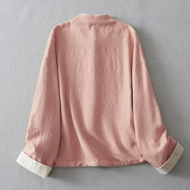 Buddha Stones Women's Plain Embroiderd Stand Collar Long Sleeve Cotton Jacket With Pockets - image 6