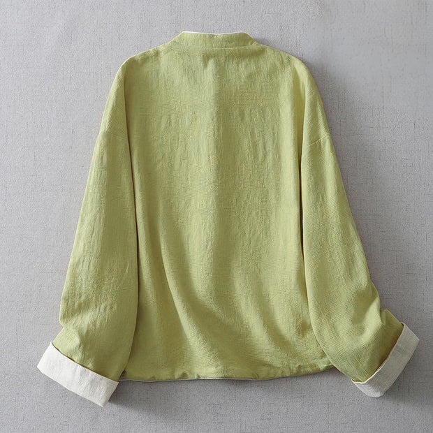 Buddha Stones Women's Plain Jacquard Stand Collar Long Sleeve Cotton Linen Jacket With Pockets - image 1