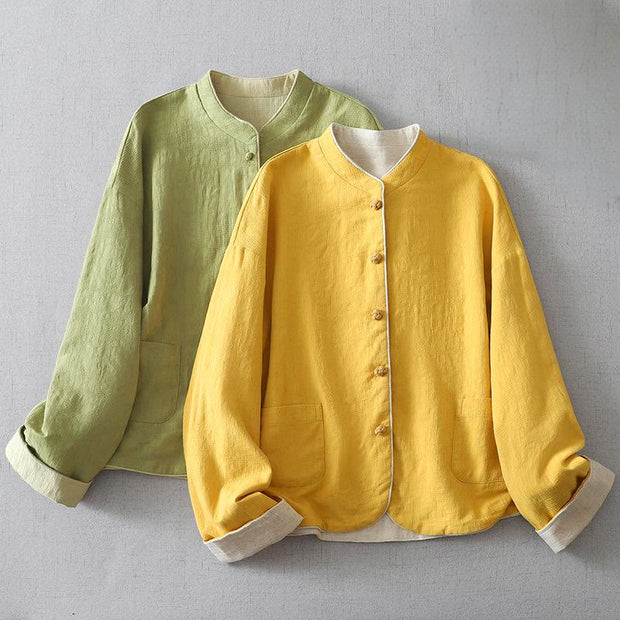 Buddha Stones Women's Plain Embroiderd Stand Collar Long Sleeve Cotton Jacket With Pockets - image 4