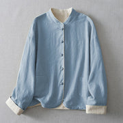 Buddha Stones Women's Plain Embroiderd Stand Collar Long Sleeve Cotton Jacket With Pockets - CornflowerBlue - US8-10，UK/AU12-14，EU40-42 (2XL) - image 7