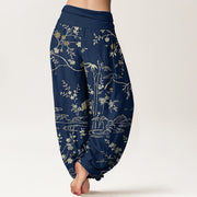 Buddha Stones Crane Floral Tree Branches Pattern Print Women's Elastic Waist Harem Pure Cotton Pants - image 1