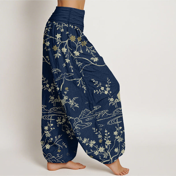 Buddha Stones Crane Floral Tree Branches Pattern Print Women's Elastic Waist Harem Pure Cotton Pants - image 2
