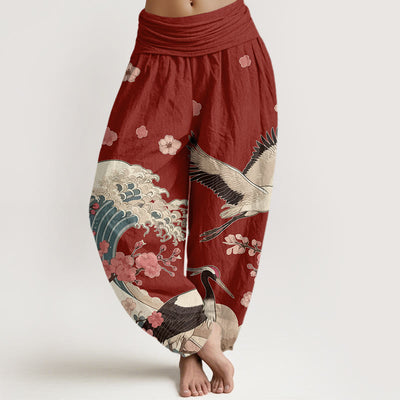 Buddha Stones Pure Cotton Cranes Peach Blossoms Ocean Women's Elastic Waist Harem Pants - DarkRed - US16，UK/AU20，EU48 (3XL) - image 0