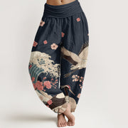 Buddha Stones Pure Cotton Cranes Peach Blossoms Ocean Women's Elastic Waist Harem Pants - Black - US16，UK/AU20，EU48 (3XL) - image 5