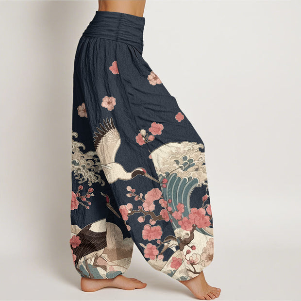 Buddha Stones Pure Cotton Cranes Peach Blossoms Ocean Women's Elastic Waist Harem Pants - image 7