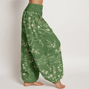 Buddha Stones Crane Floral Tree Branches Pattern Print Women's Elastic Waist Harem Pure Cotton Pants - image 7