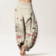 Buddha Stones Pure Cotton Cranes Peach Blossoms Ocean Women's Elastic Waist Harem Pants - image 9