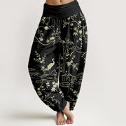 Buddha Stones Crane Floral Tree Branches Pattern Print Women's Elastic Waist Harem Pure Cotton Pants - Blcak - US16，UK/AU20，EU48 (3XL) - image 8