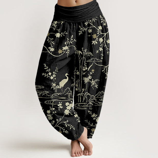 Buddha Stones Crane Floral Tree Branches Pattern Print Women's Elastic Waist Harem Pure Cotton Pants - Blcak - US16，UK/AU20，EU48 (3XL) - image 8