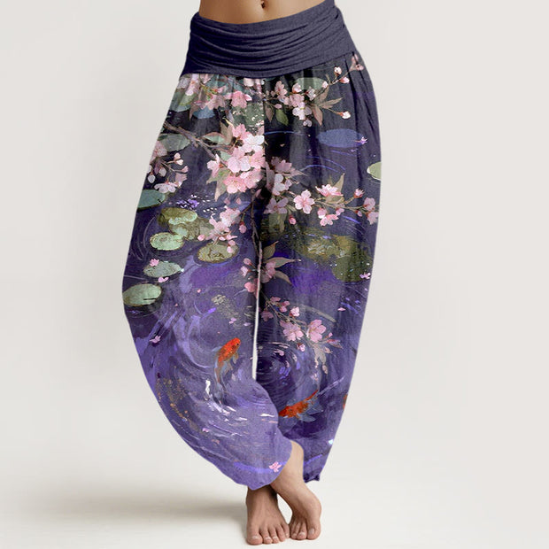 Buddha Stones Pure Cotton Sakura Blossoms Koi Fish Lotus Leaves Women's Elastic Waist Harem Pants - DarkViolet - US16，UK/AU20，EU48 (3XL) - image 5