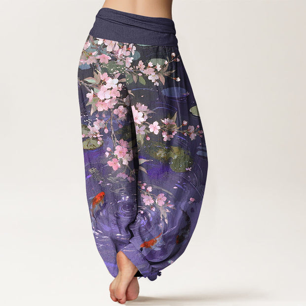 Buddha Stones Pure Cotton Sakura Blossoms Koi Fish Lotus Leaves Women's Elastic Waist Harem Pants - image 6