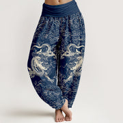 Buddha Stones Pure Cotton Dragon Floral Women's Elastic Waist Harem Pants - SteelBlue - US16，UK/AU20，EU48 (3XL) - image 5