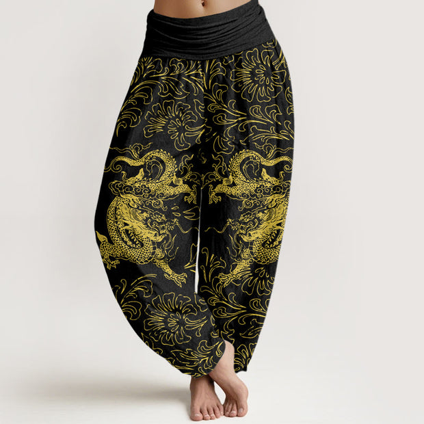 Buddha Stones Pure Cotton Dragon Floral Women's Elastic Waist Harem Pants - Black - US16，UK/AU20，EU48 (3XL) - image 8