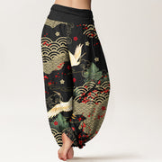 Buddha Stones Print Crane Auspicious Clouds Flowers Pattern Women's Elastic Waist Harem Cotton Pants - image 1